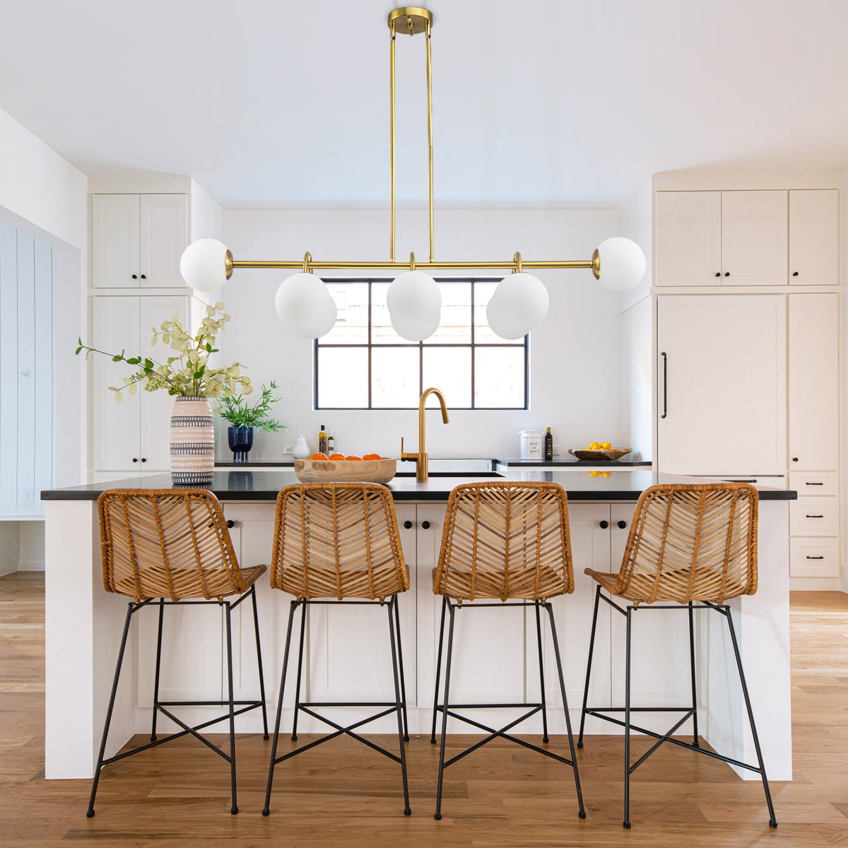 8-Light Linear Globe Chandelier Milk Glass Shades Modern Dining Room