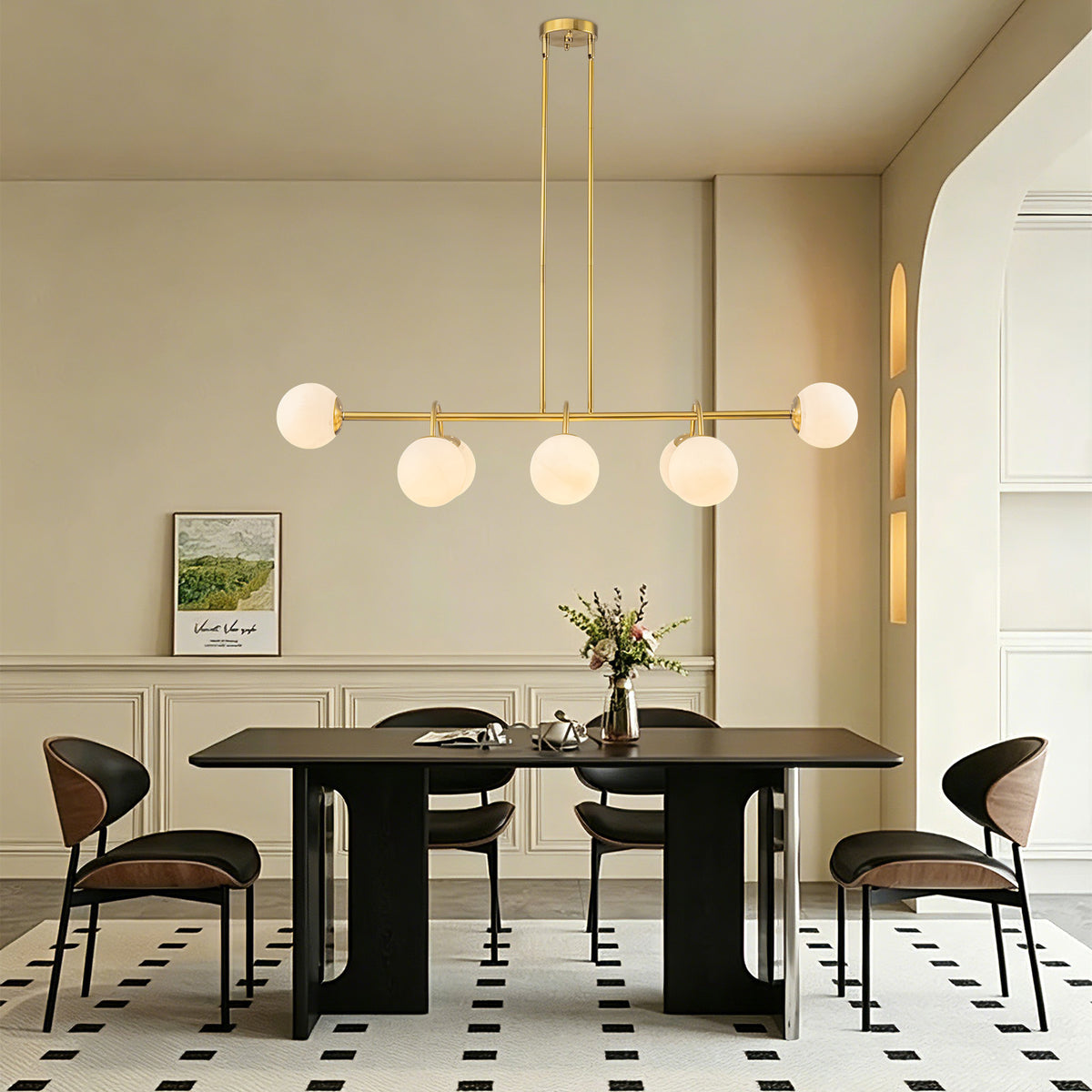 8-Light Linear Globe Chandelier Milk Glass Shades Modern Dining Room