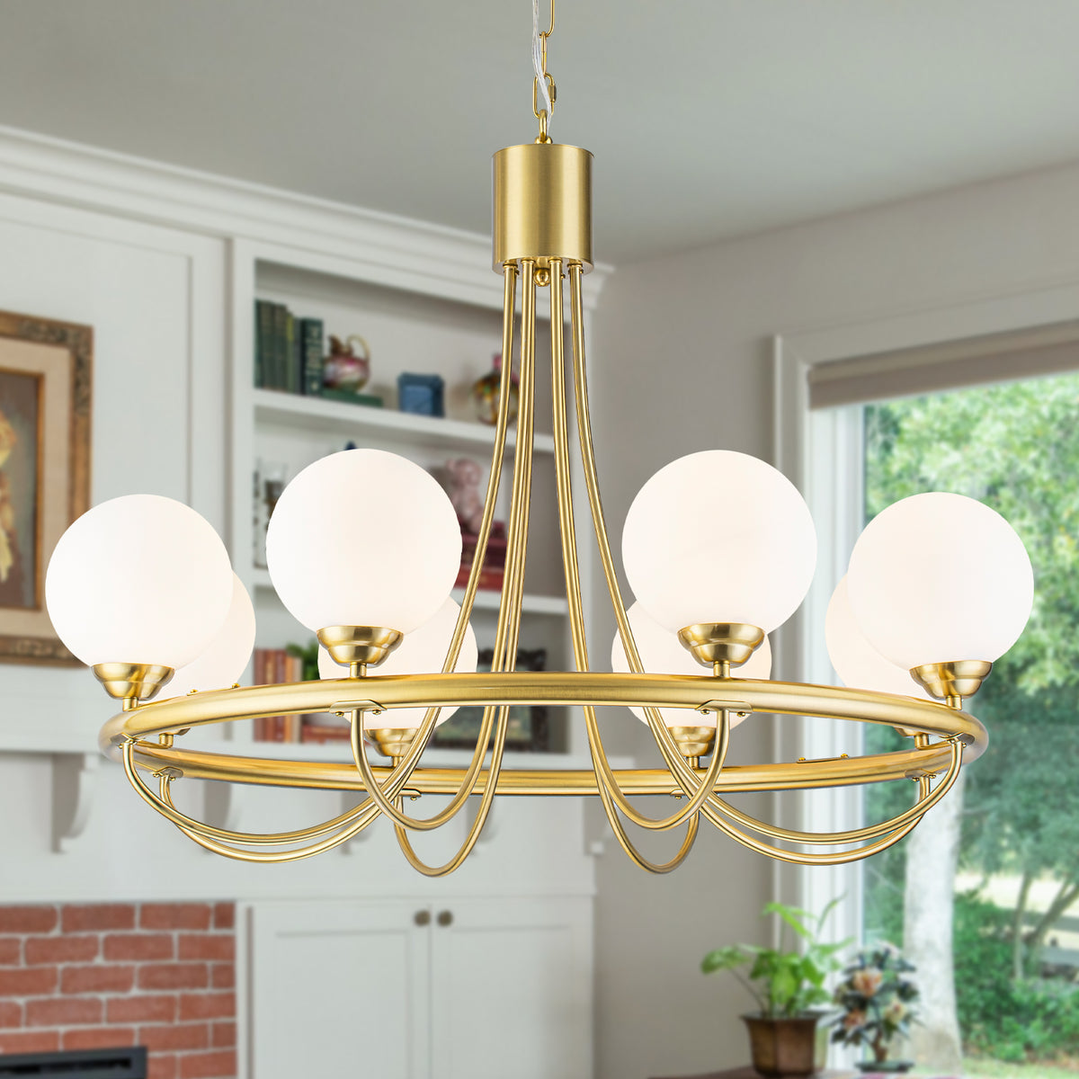 8 Light Brushed Gold Chandelier Frosted Opal Glass Globe Shades Dining - product image 1 | Zenvolit