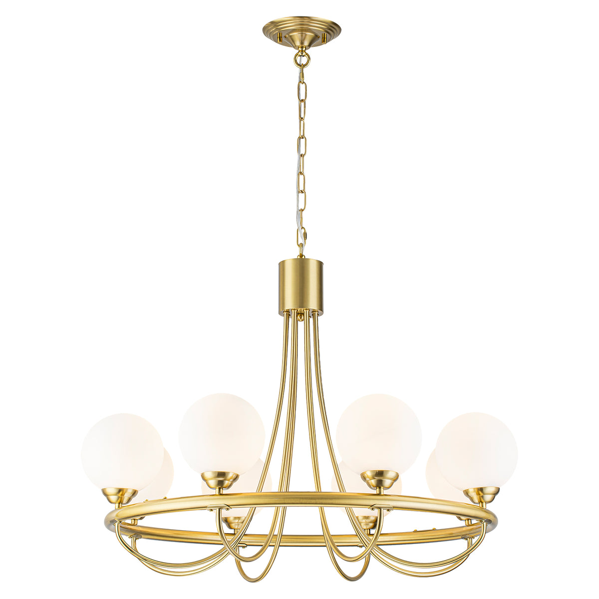 8 Light Brushed Gold Chandelier Frosted Opal Glass Globe Shades Dining