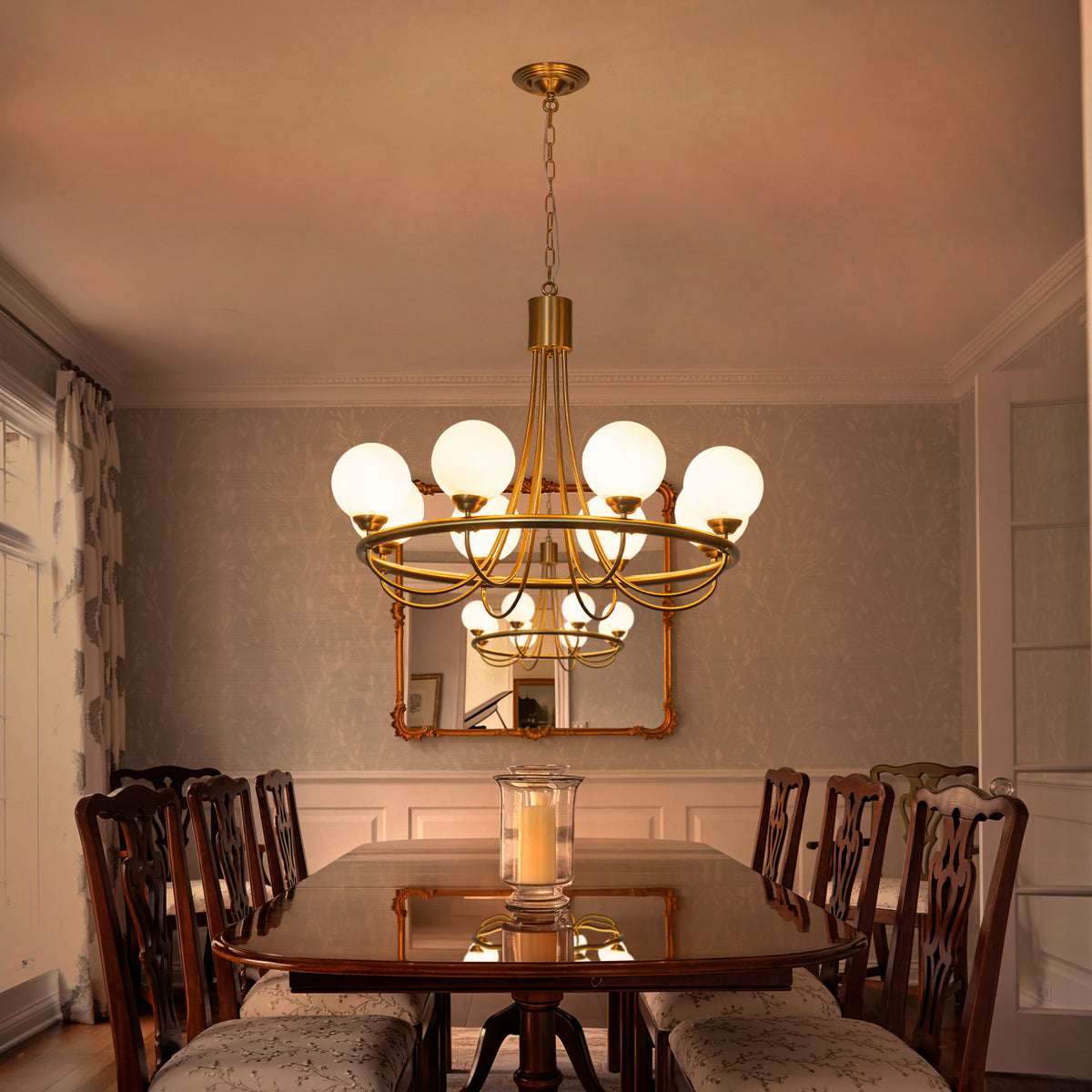 8 Light Brushed Gold Chandelier Frosted Opal Glass Globe Shades Dining