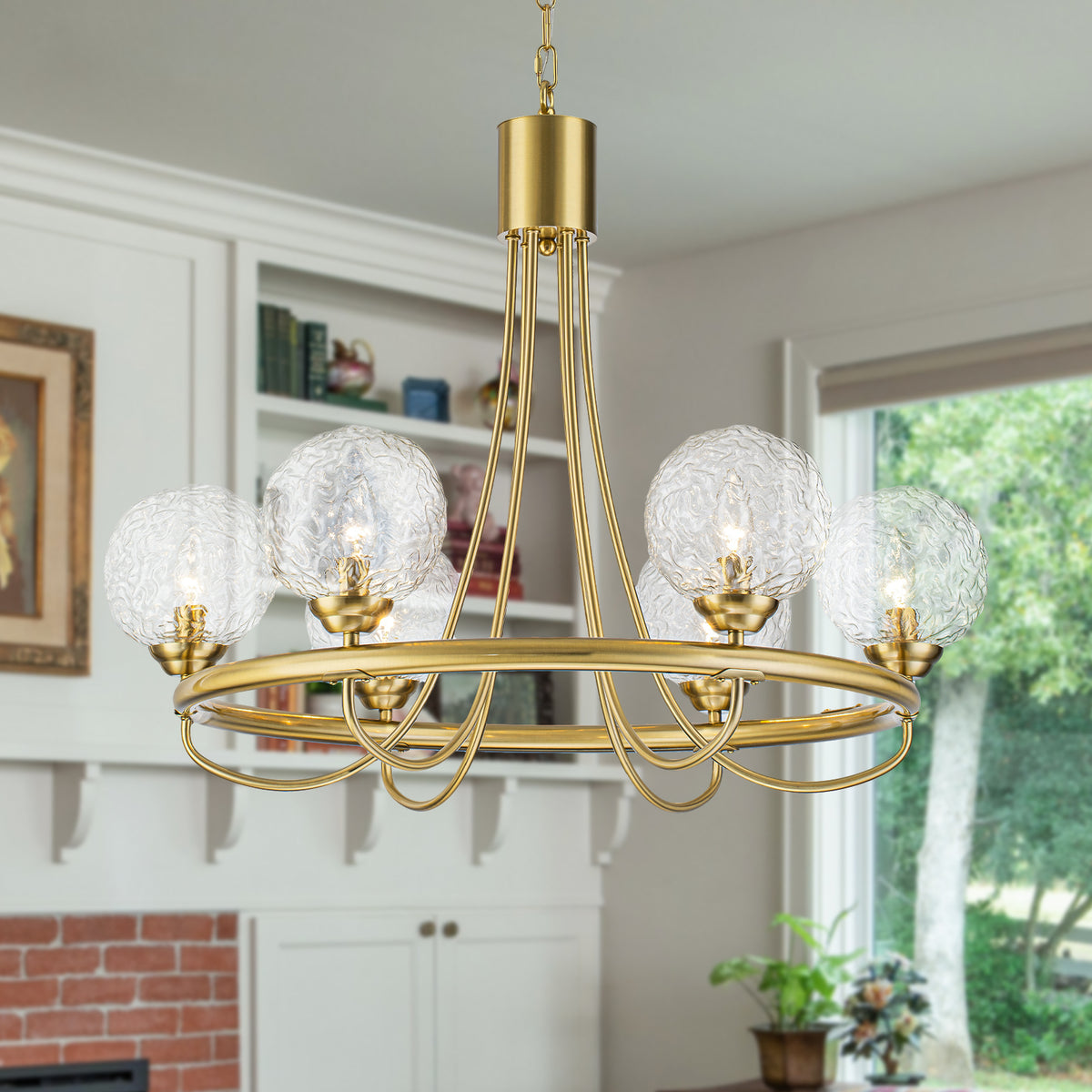 6 Light Brushed Gold Chandelier Clear Water-Ripple Glass Globe Shades - product image 1 | Zenvolit