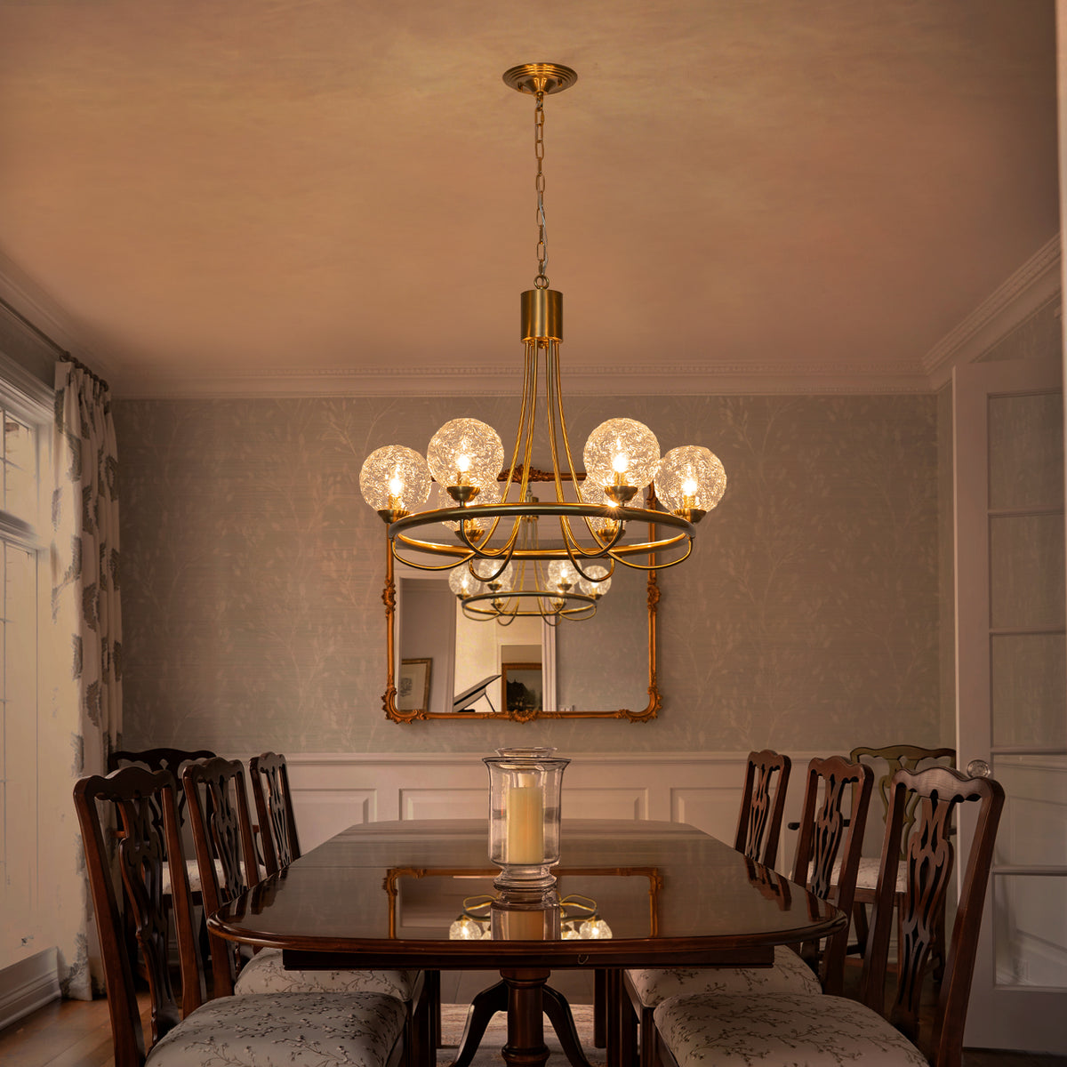 6 Light Brushed Gold Chandelier Clear Water-Ripple Glass Globe Shades - product image 3 | Zenvolit