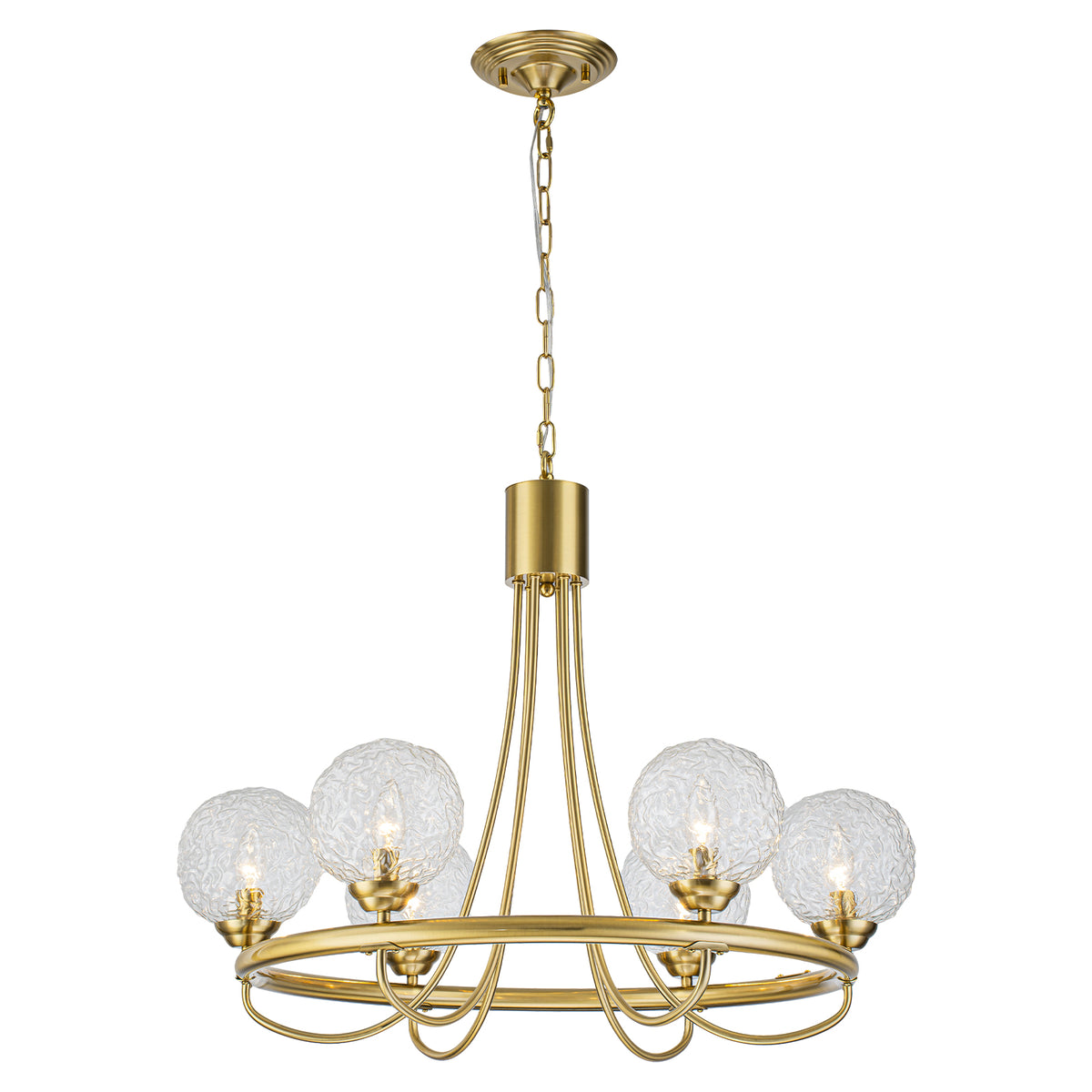 6 Light Brushed Gold Chandelier Clear Water-Ripple Glass Globe Shades - product image 14 | Zenvolit