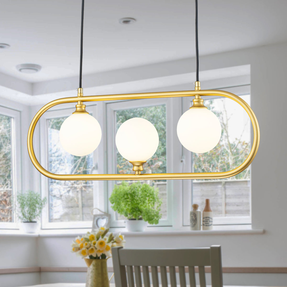 3-Light Linear Kitchen Island Pendant Frosted Milky White Glass Globes - product image 1 | Zenvolit