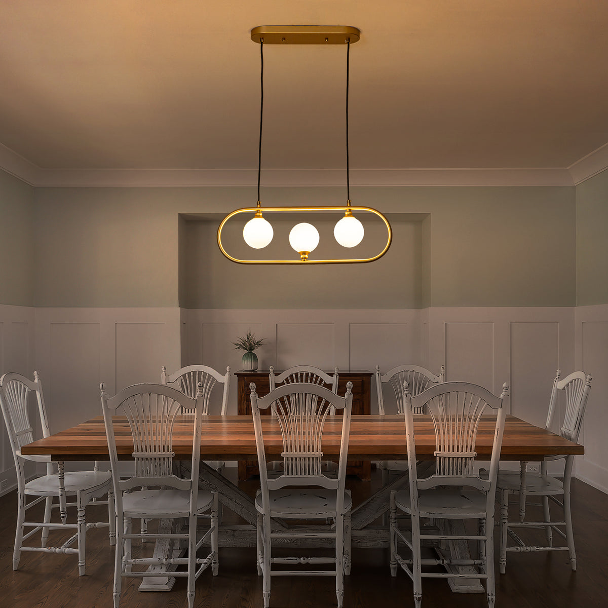 3-Light Linear Kitchen Island Pendant Frosted Milky White Glass Globes - product image 3 | Zenvolit