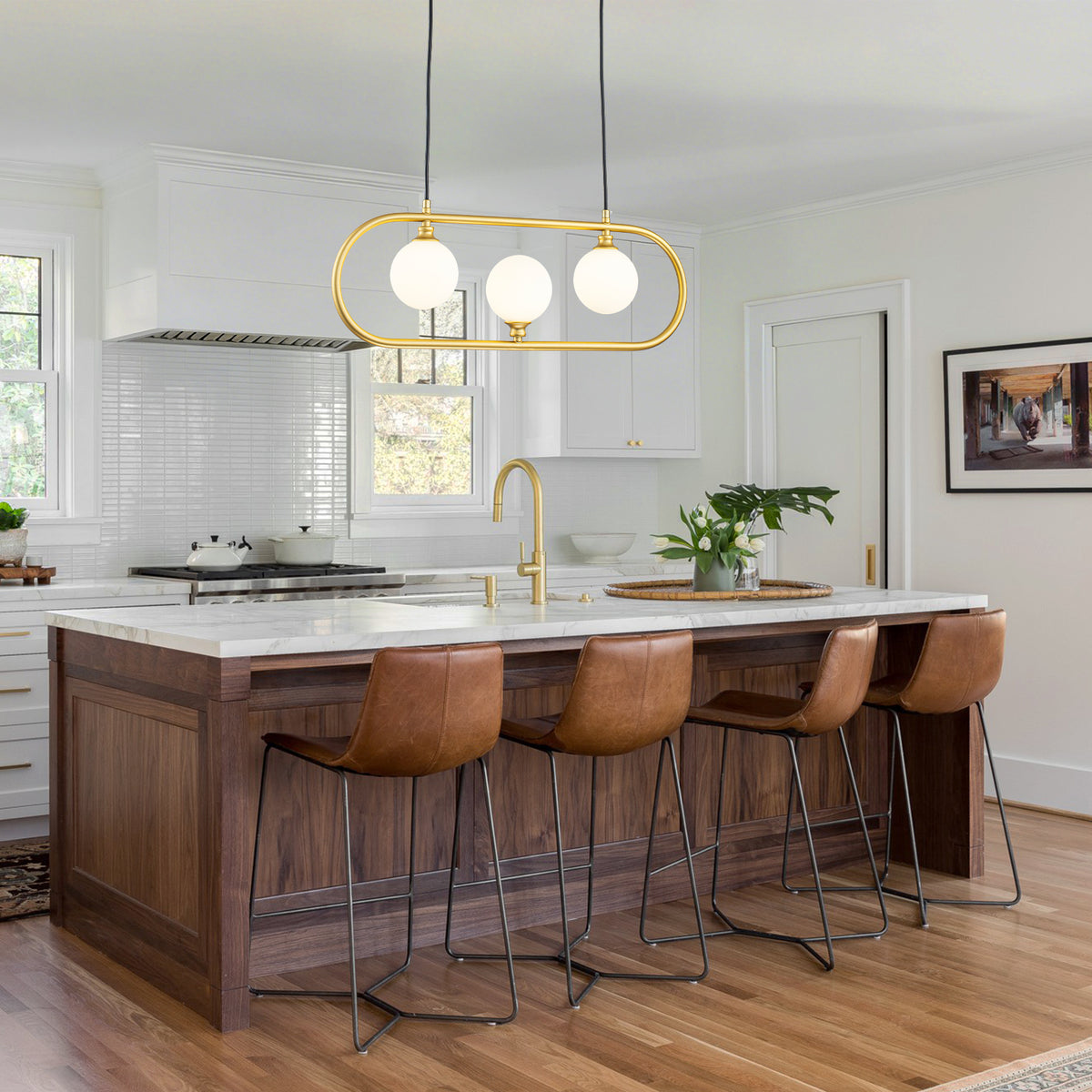 3-Light Linear Kitchen Island Pendant Frosted Milky White Glass Globes - product image 4 | Zenvolit