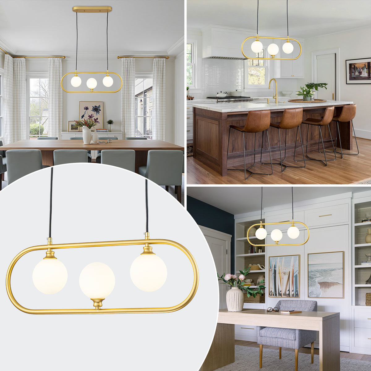 3-Light Linear Kitchen Island Pendant Frosted Milky White Glass Globes - product image 6 | Zenvolit