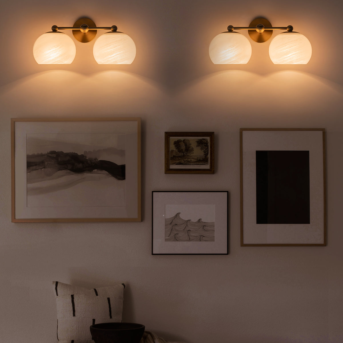 2-Light Gold Double-Globe Wall Sconce Cloud-Pattern Glass Shades - product image 8 | Zenvolit
