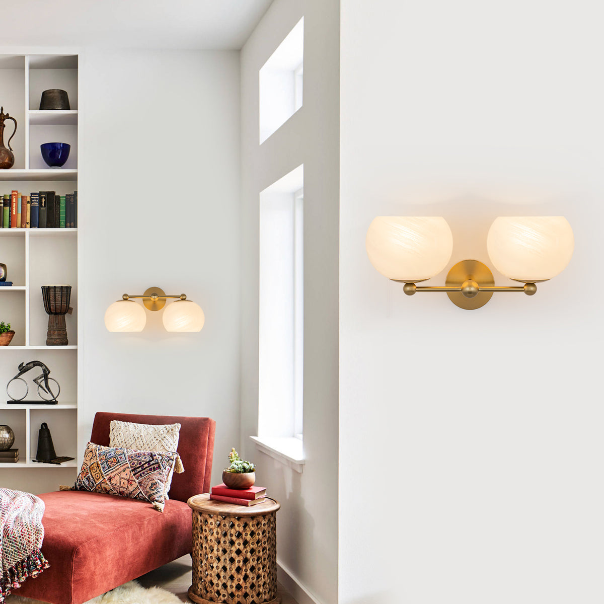 2-Light Gold Double-Globe Wall Sconce Cloud-Pattern Glass Shades - product image 9 | Zenvolit
