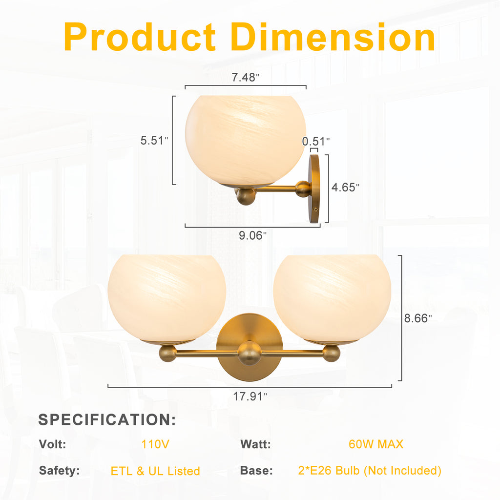 2-Light Gold Double-Globe Wall Sconce Cloud-Pattern Glass Shades - product image 13 | Zenvolit