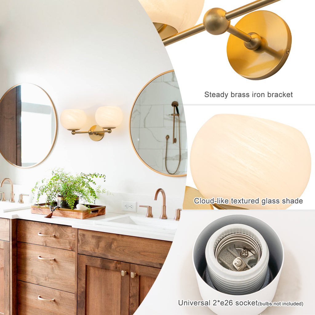 2-Light Gold Double-Globe Wall Sconce Cloud-Pattern Glass Shades - product image 15 | Zenvolit
