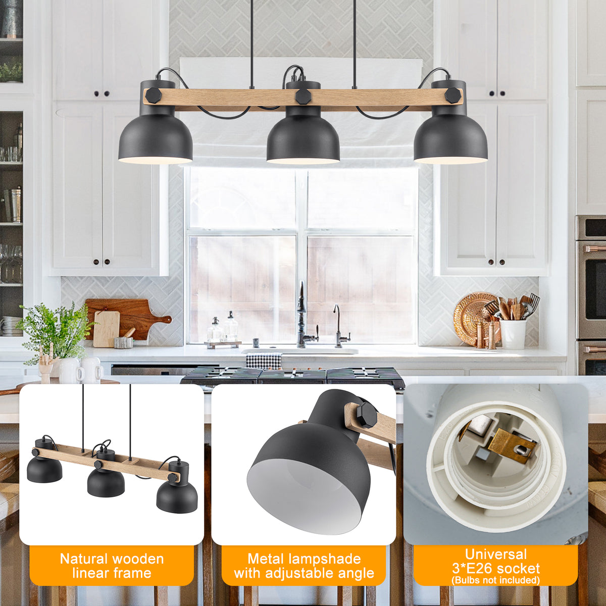 3-Light Industrial Linear Kitchen Island Pendant Light Dome Shades - product image 8 | Zenvolit
