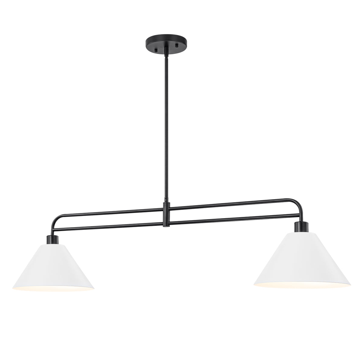 2-Light Matte Black Linear Chandelier with White Conical Iron Shades - product image 1 | Zenvolit