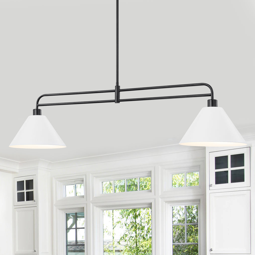 2-Light Matte Black Linear Chandelier with White Conical Iron Shades - product image 2 | Zenvolit