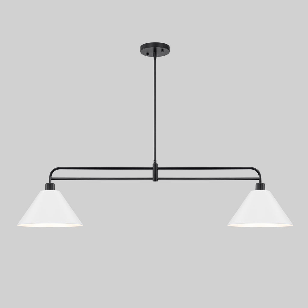 2-Light Matte Black Linear Chandelier with White Conical Iron Shades - product image 3 | Zenvolit