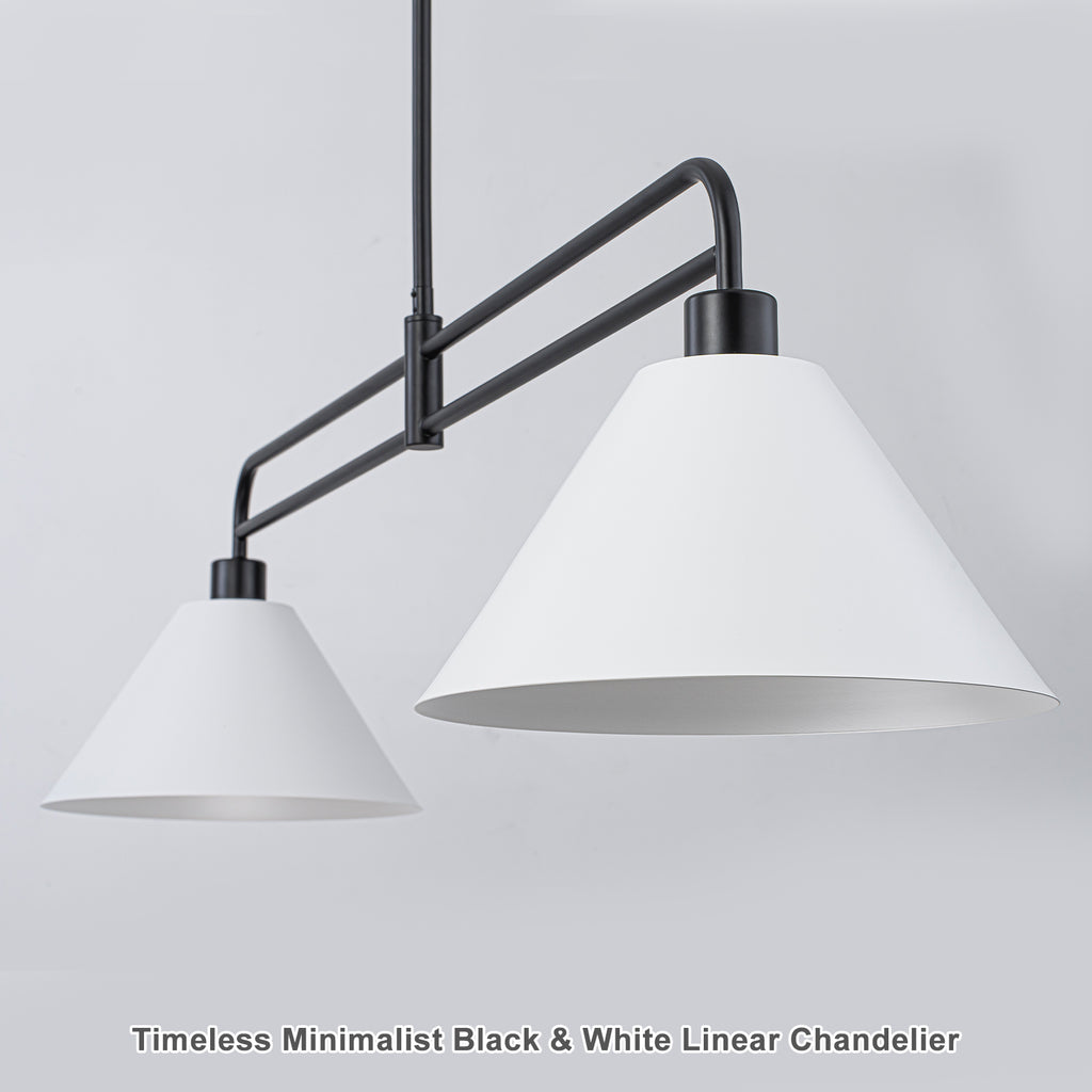 2-Light Matte Black Linear Chandelier with White Conical Iron Shades - product image 4 | Zenvolit