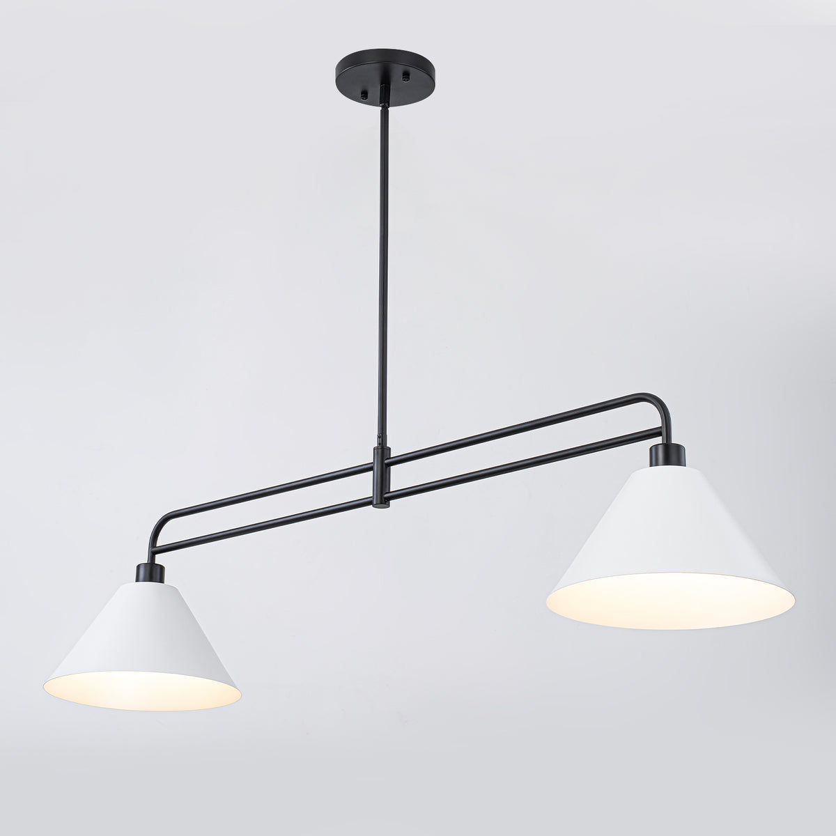2-Light Matte Black Linear Chandelier with White Conical Iron Shades - product image 6 | Zenvolit