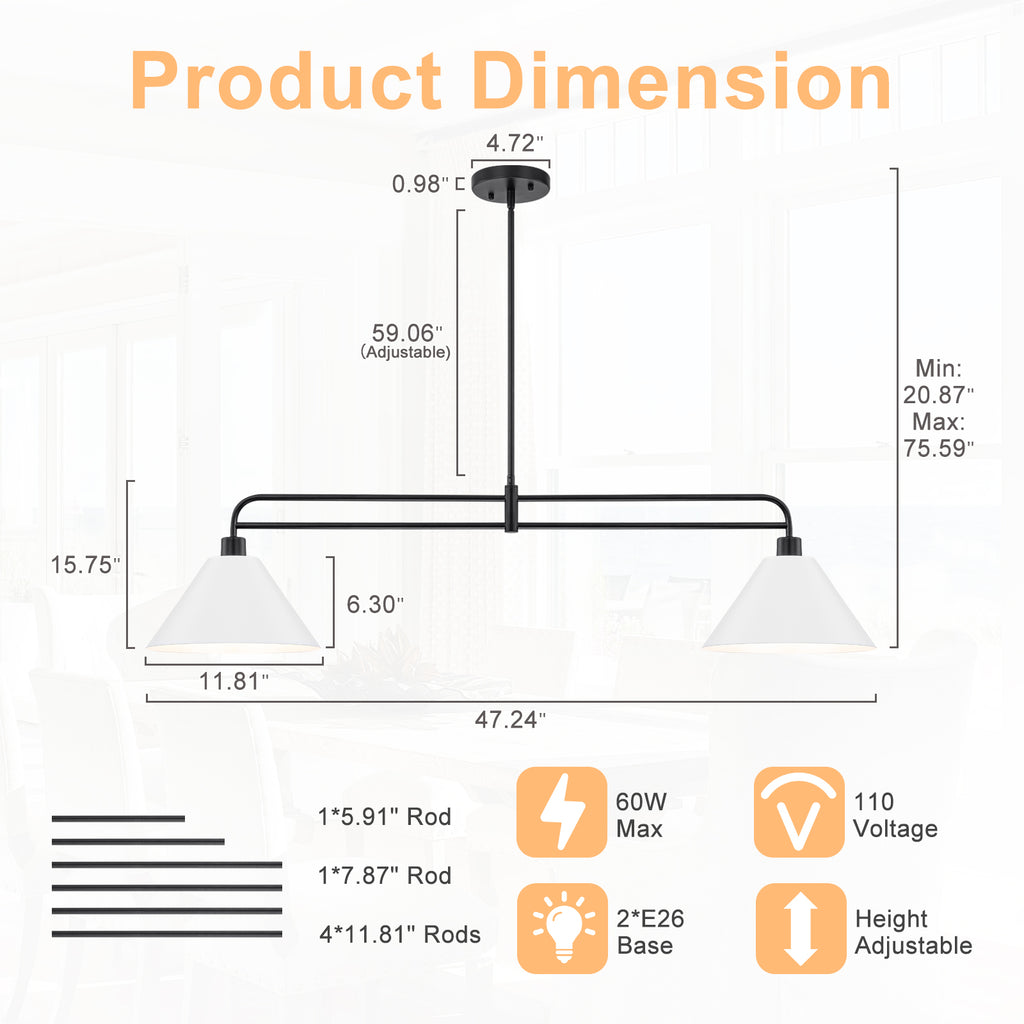 2-Light Matte Black Linear Chandelier with White Conical Iron Shades - product image 8 | Zenvolit