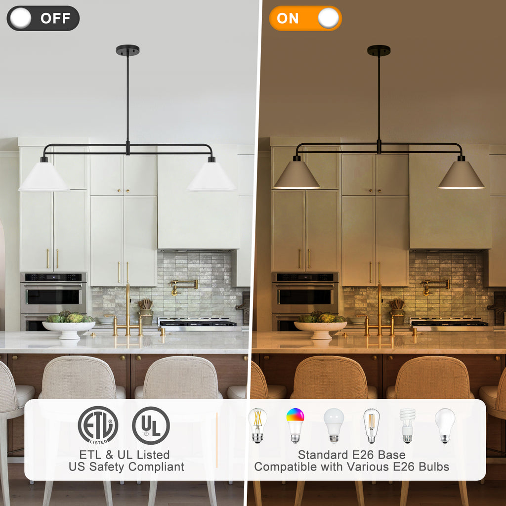 2-Light Matte Black Linear Chandelier with White Conical Iron Shades - product image 9 | Zenvolit