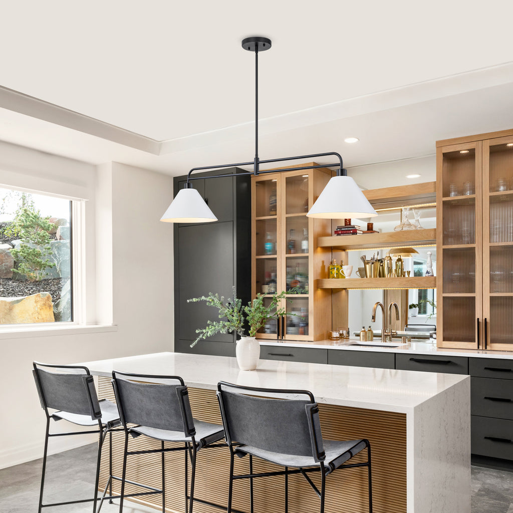 2-Light Matte Black Linear Chandelier with White Conical Iron Shades - product image 13 | Zenvolit