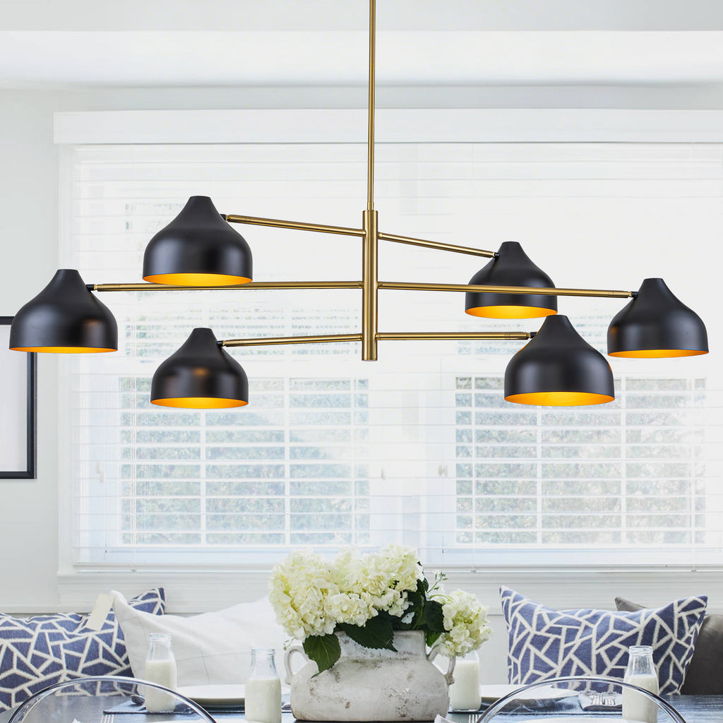 6-Light Mid-Century Matte Black & Gold Linear Chandelier Iron Shades - product image 1 | Zenvolit