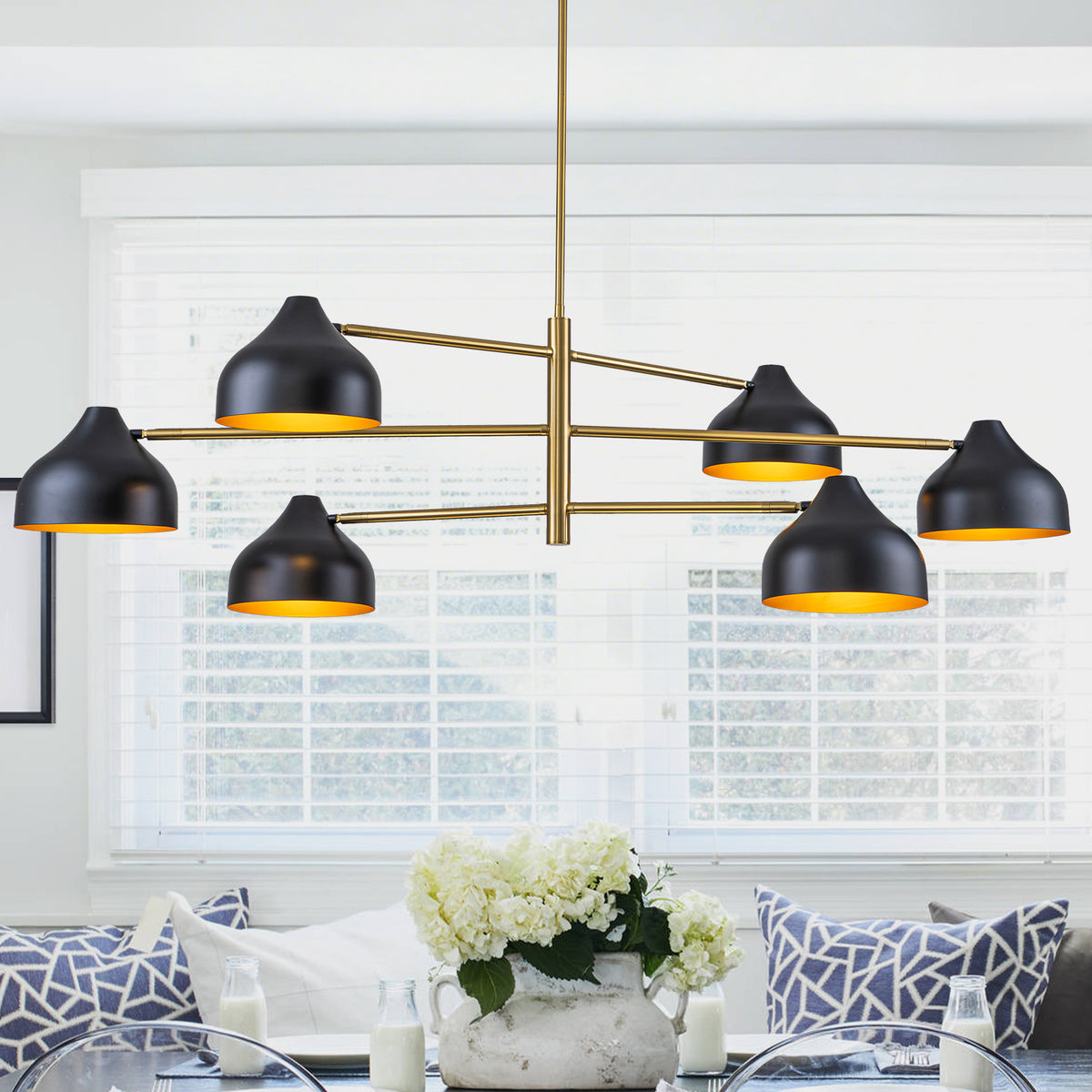 6-Light Mid-Century Matte Black & Gold Linear Chandelier Iron Shades - product image 1 | Zenvolit