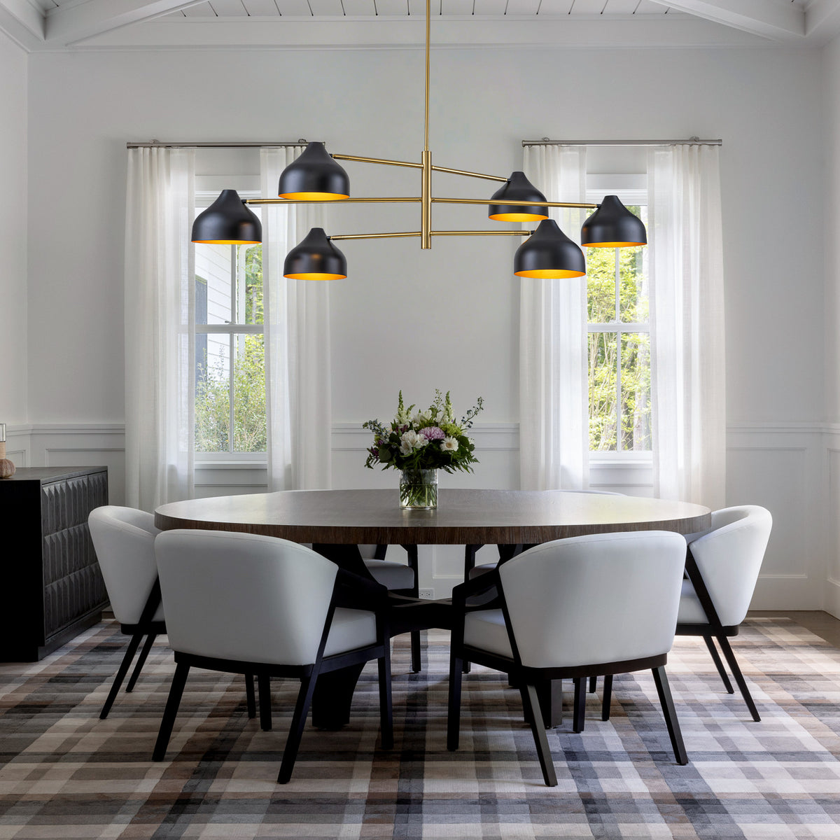 6-Light Mid-Century Matte Black & Gold Linear Chandelier Iron Shades - product image 2 | Zenvolit