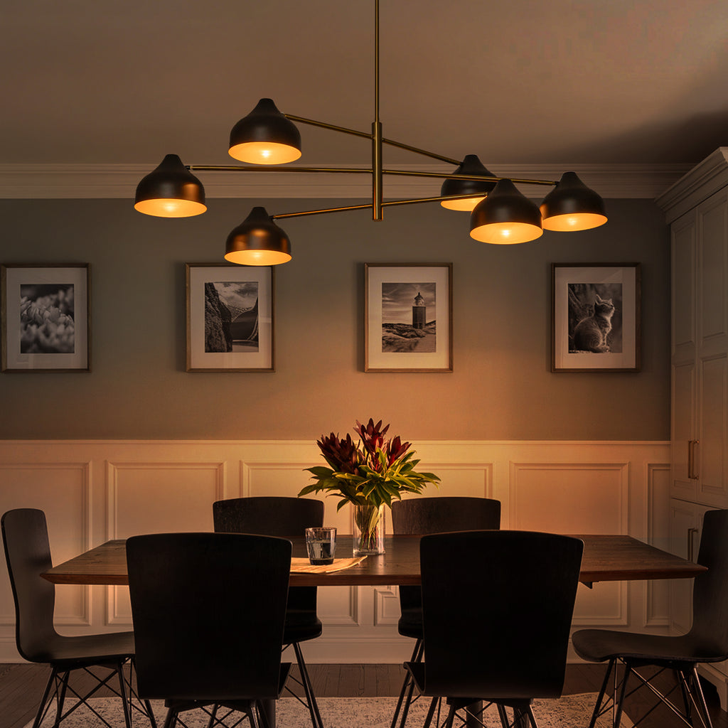 6-Light Mid-Century Matte Black & Gold Linear Chandelier Iron Shades - product image 3 | Zenvolit