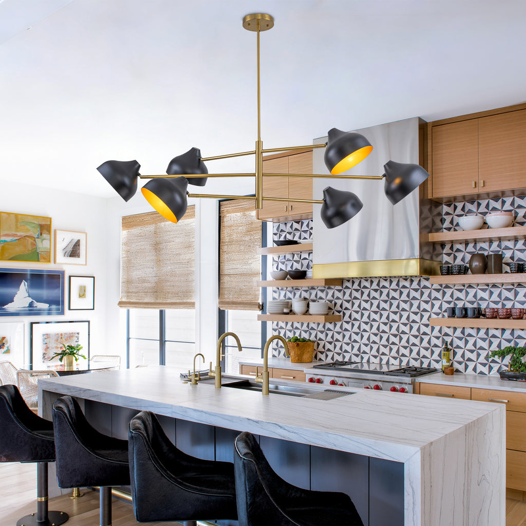 6-Light Mid-Century Matte Black & Gold Linear Chandelier Iron Shades - product image 4 | Zenvolit