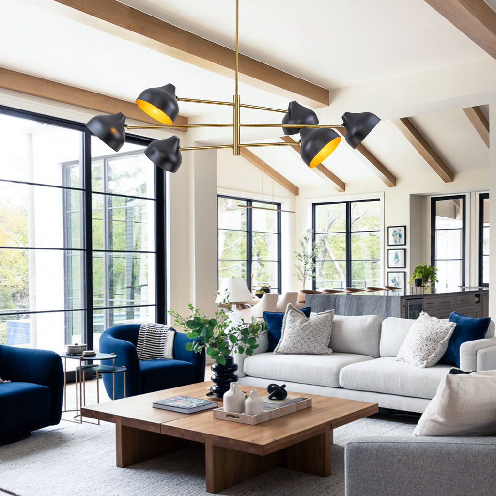 6-Light Mid-Century Matte Black & Gold Linear Chandelier Iron Shades - product image 5 | Zenvolit