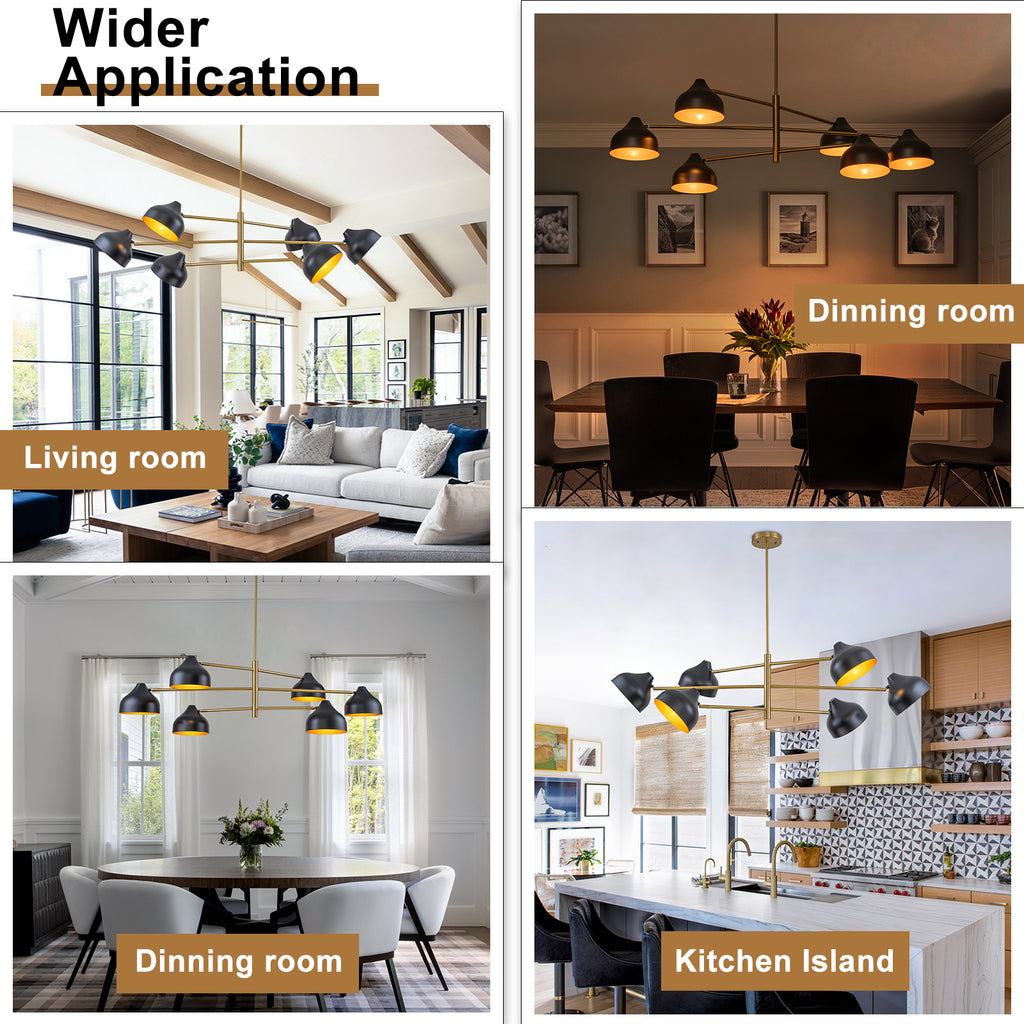 6-Light Mid-Century Matte Black & Gold Linear Chandelier Iron Shades - product image 6 | Zenvolit