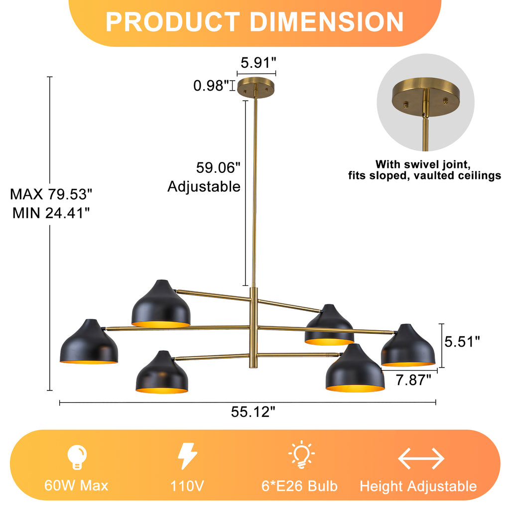 6-Light Mid-Century Matte Black & Gold Linear Chandelier Iron Shades - product image 7 | Zenvolit
