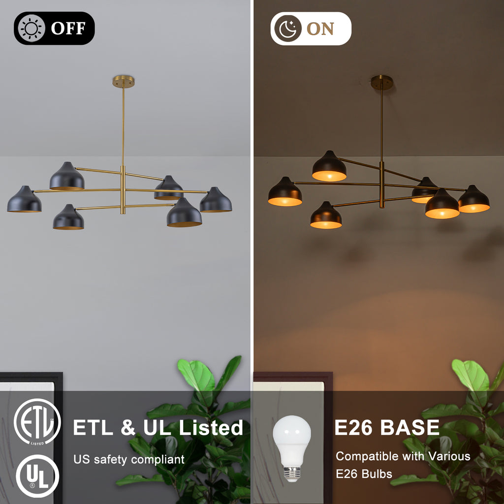 6-Light Mid-Century Matte Black & Gold Linear Chandelier Iron Shades - product image 8 | Zenvolit