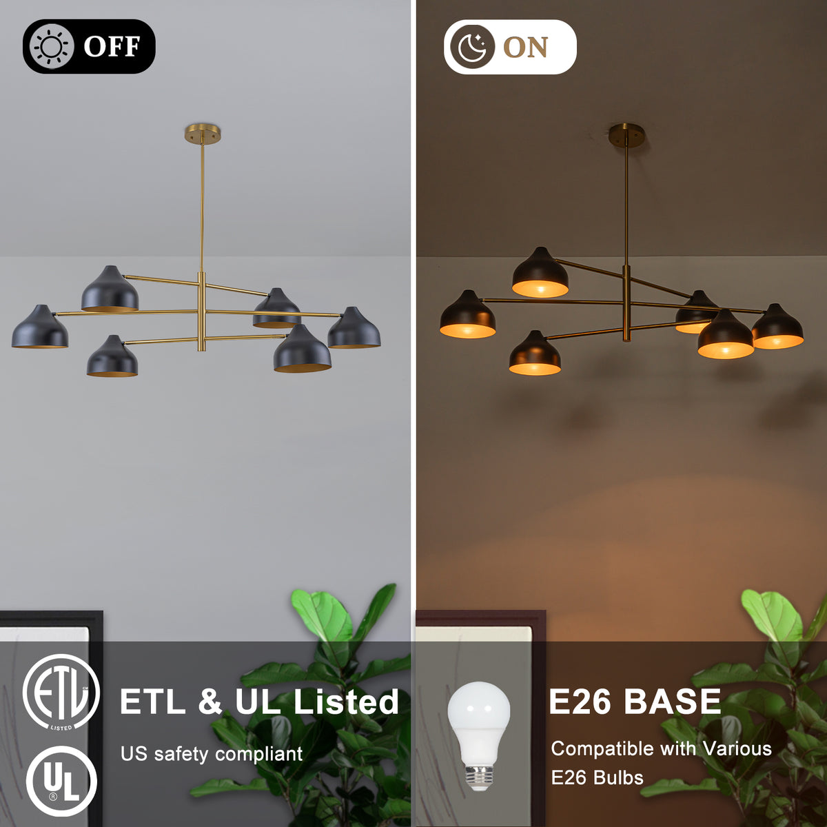 6-Light Mid-Century Matte Black & Gold Linear Chandelier Iron Shades - product image 8 | Zenvolit