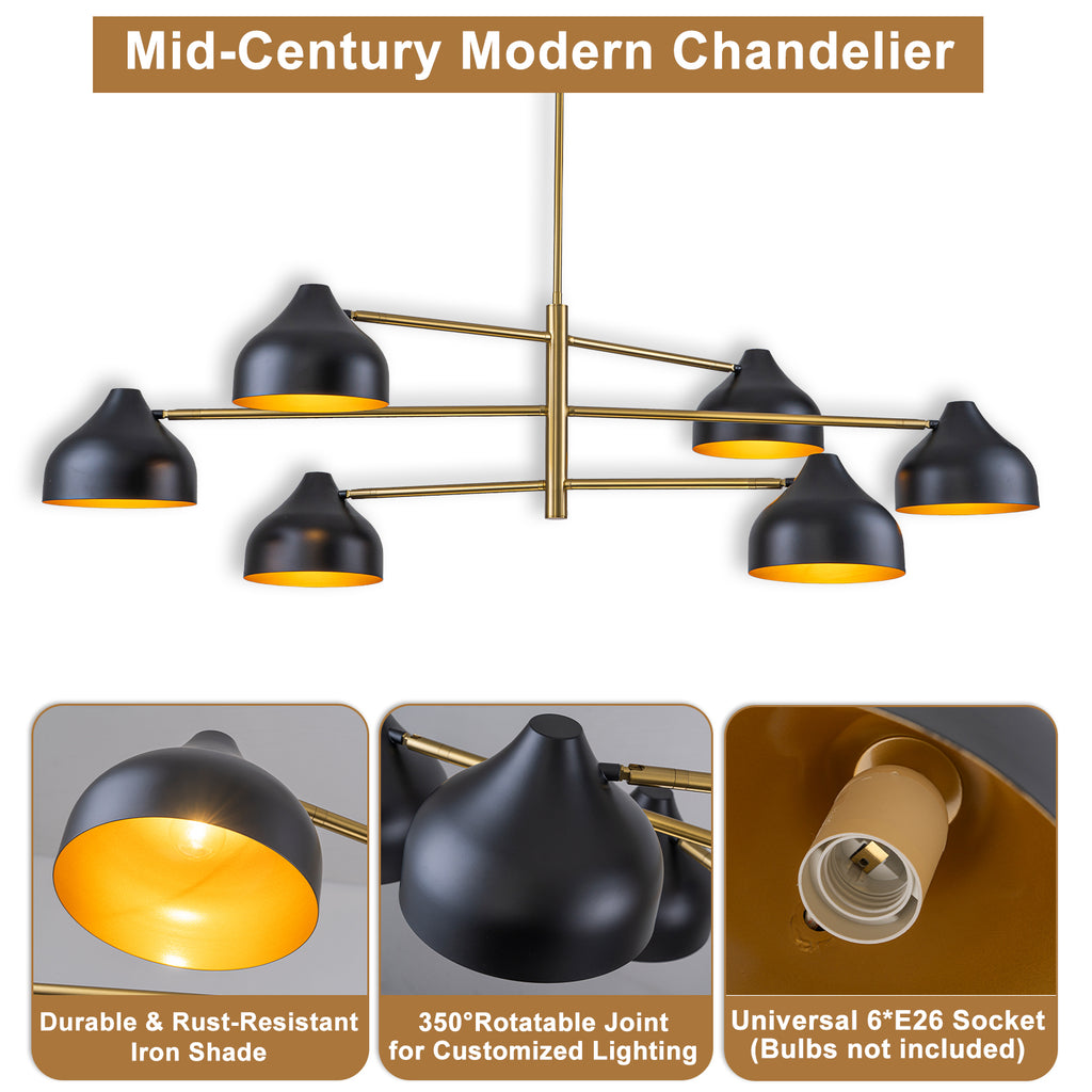 6-Light Mid-Century Matte Black & Gold Linear Chandelier Iron Shades - product image 13 | Zenvolit