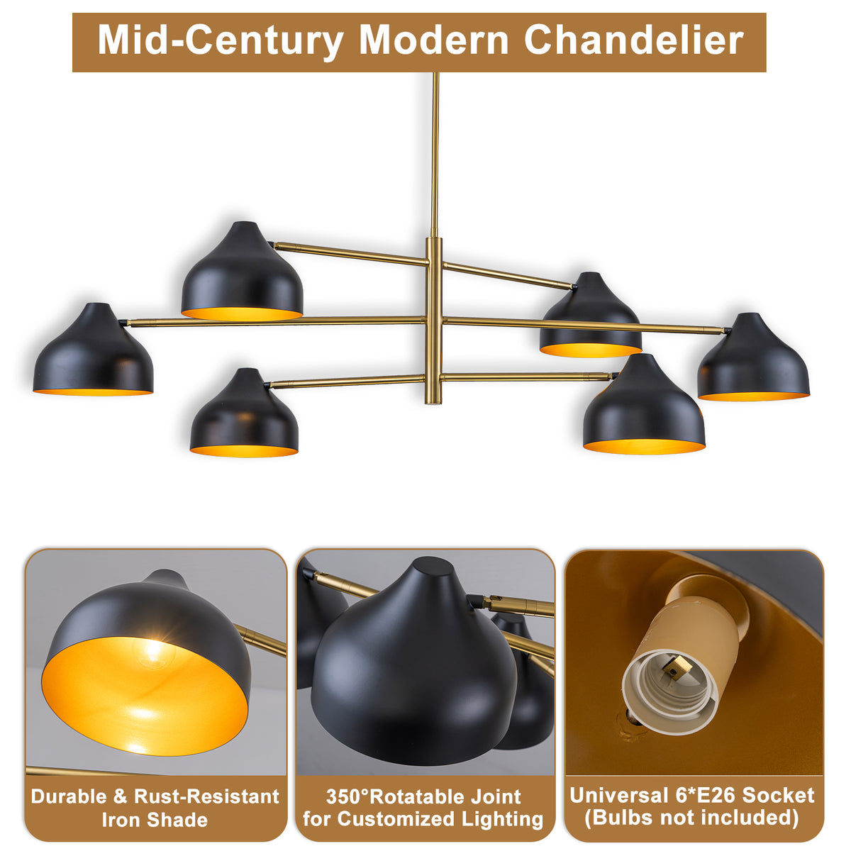 6-Light Mid-Century Matte Black & Gold Linear Chandelier Iron Shades - product image 13 | Zenvolit