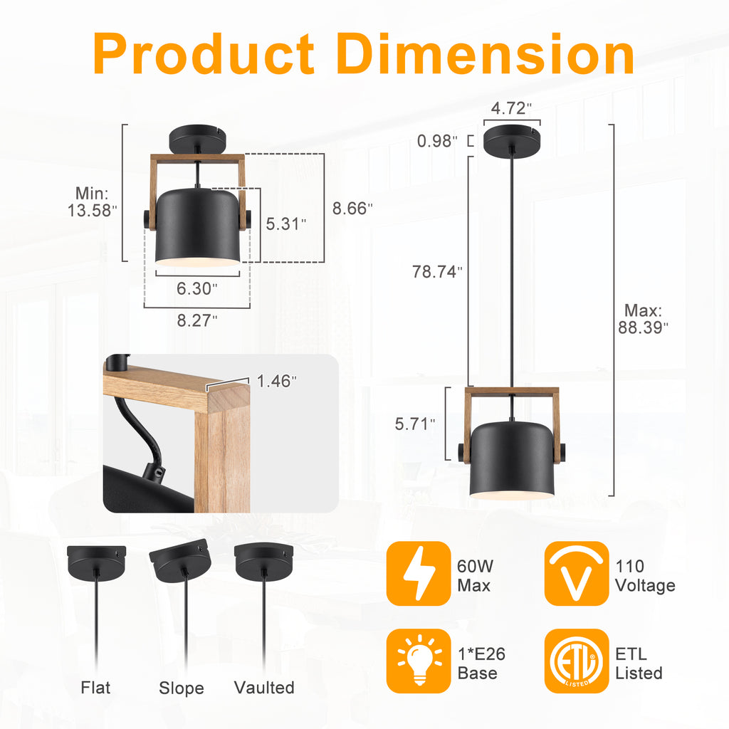 Modern Pendant Light Adjustable Acacia Wood Frame&Deep Cylinder Shade - product image 13 | Zenvolit