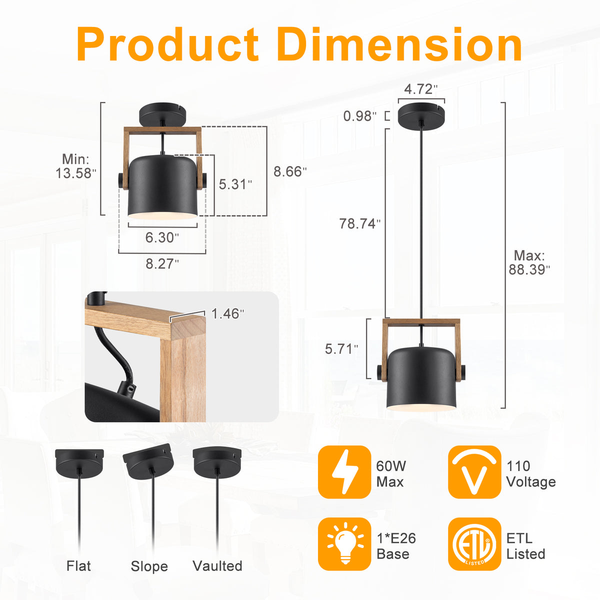 Modern Pendant Light Adjustable Acacia Wood Frame&Deep Cylinder Shade - product image 13 | Zenvolit