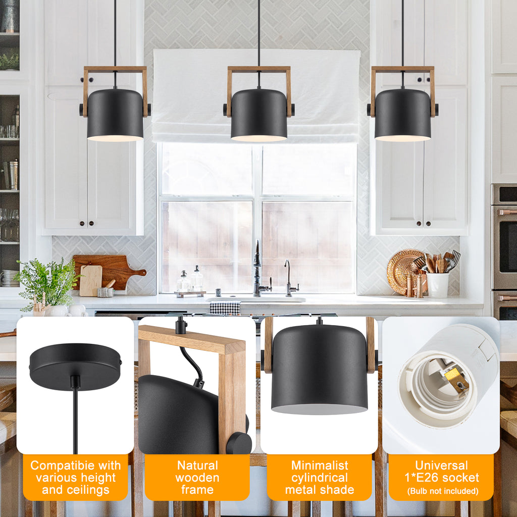 Modern Pendant Light Adjustable Acacia Wood Frame&Deep Cylinder Shade - product image 15 | Zenvolit