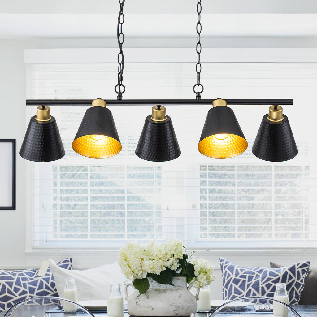 5-Light Black Linear Pendant Light with Hammered Conical Metal Shades - product image 1 | Zenvolit