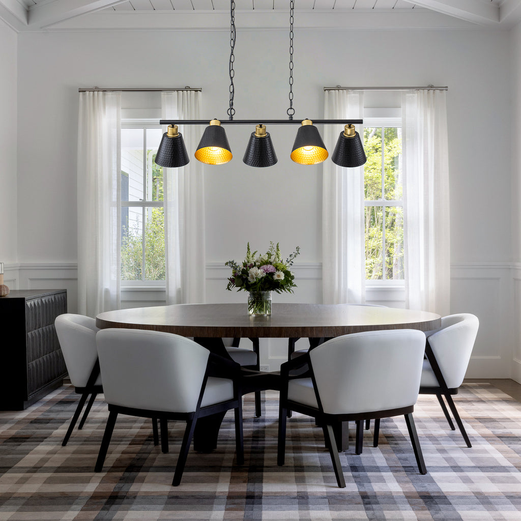 5-Light Black Linear Pendant Light with Hammered Conical Metal Shades - product image 2 | Zenvolit