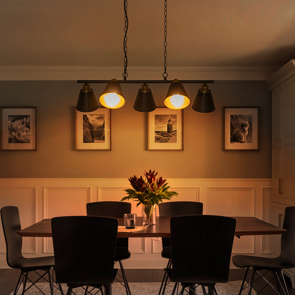 5-Light Black Linear Pendant Light with Hammered Conical Metal Shades - product image 3 | Zenvolit