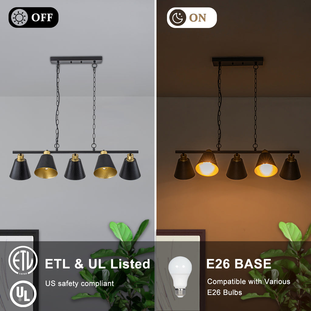 5-Light Black Linear Pendant Light with Hammered Conical Metal Shades - product image 8 | Zenvolit