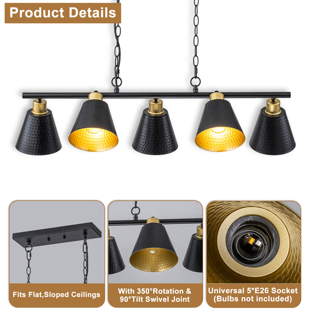 5-Light Black Linear Pendant Light with Hammered Conical Metal Shades - product image 14 | Zenvolit