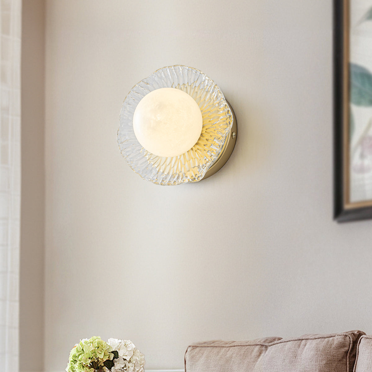 Gold Lotus Leaf Textured Glass Plate Wall Sconce Moon Globe Lampshade - product image 1 | Zenvolit