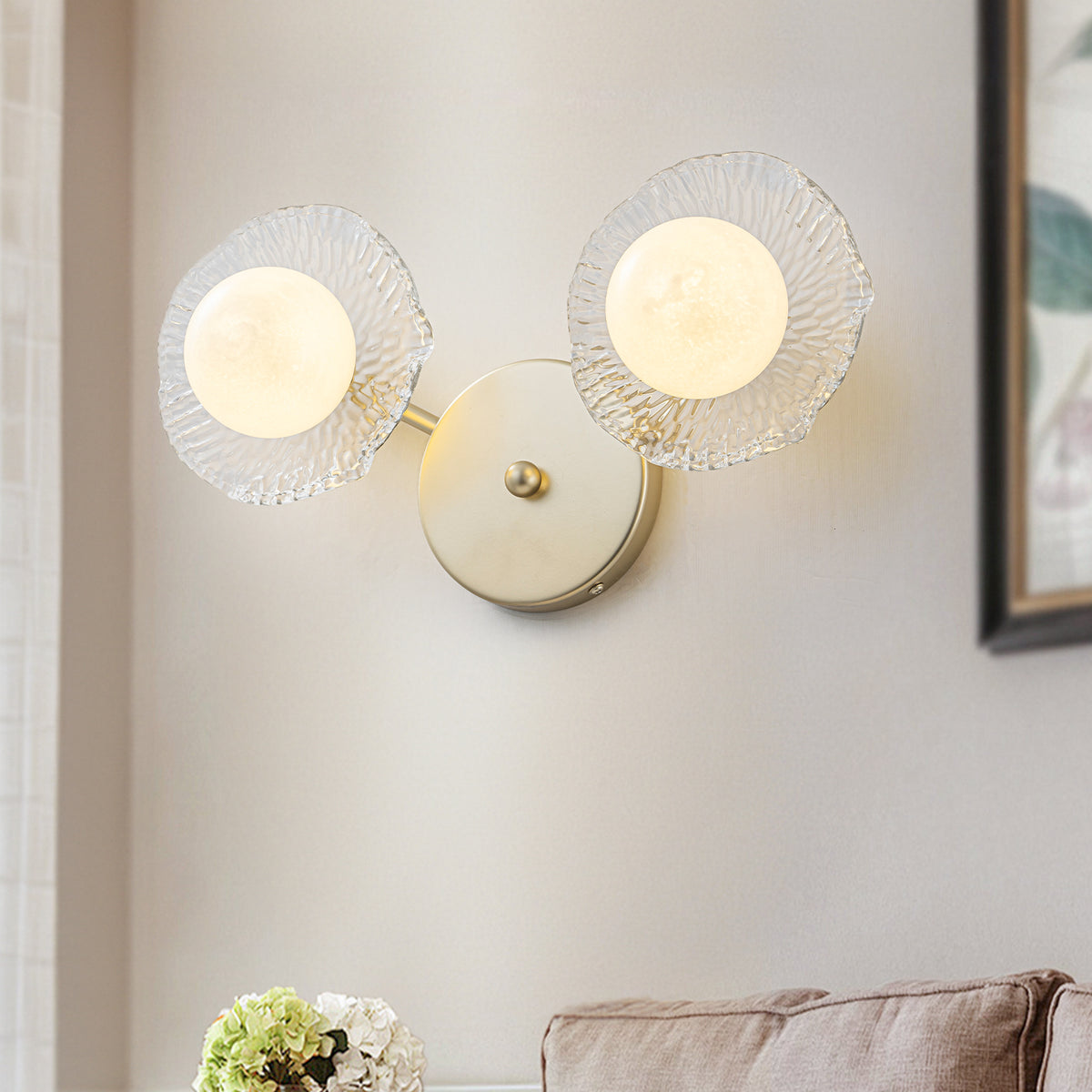 Gold Lotus Leaf Textured Glass Plate Wall Sconce Moon Globe Lampshade - product image 1 | Zenvolit