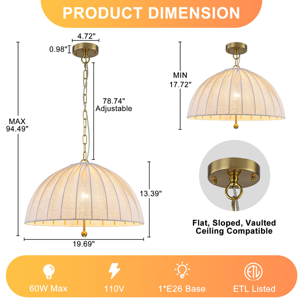 19.69" 1-Light Modern Hanging Pendant Light Fabric Shade Living Space - product image 7 | Zenvolit