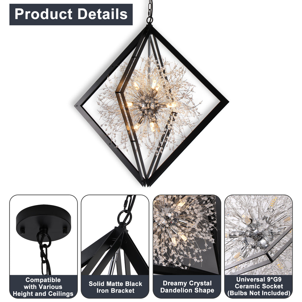 Modern Black Sputnik Crystal Chandelier Pendant Light for Dining Room