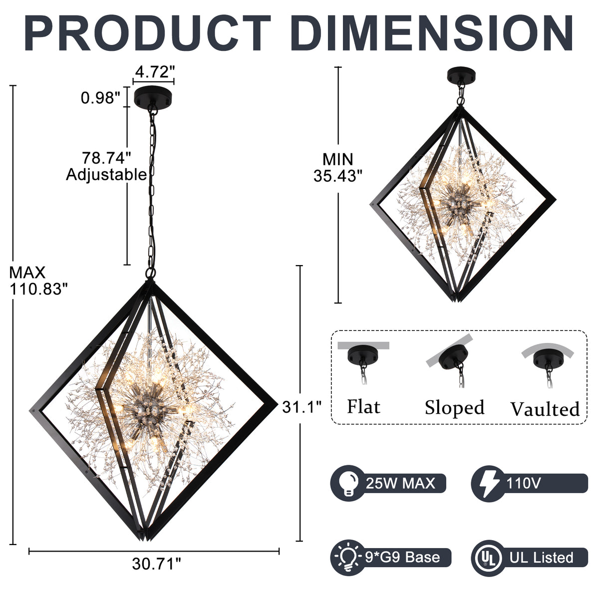 Modern Black Sputnik Crystal Chandelier Pendant Light for Dining Room